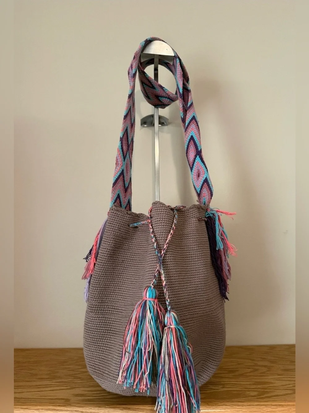 Handwoven Colombian Bag with Multicolor Chevron Strap & Tassels